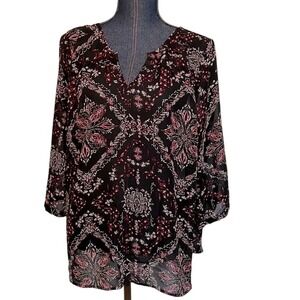 Maurice's Black Pink Floral Pattern Sheer Lightweight V-neck 3/4 Sleeve Blouse 1